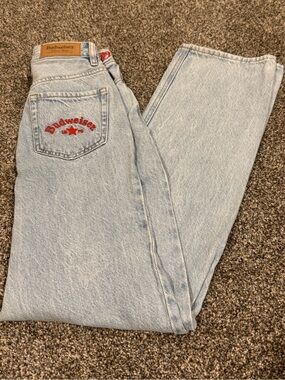 Pacsun Budweiser Light Blue Distressed Jeans 90s Boyfriend size 22 Embroidered